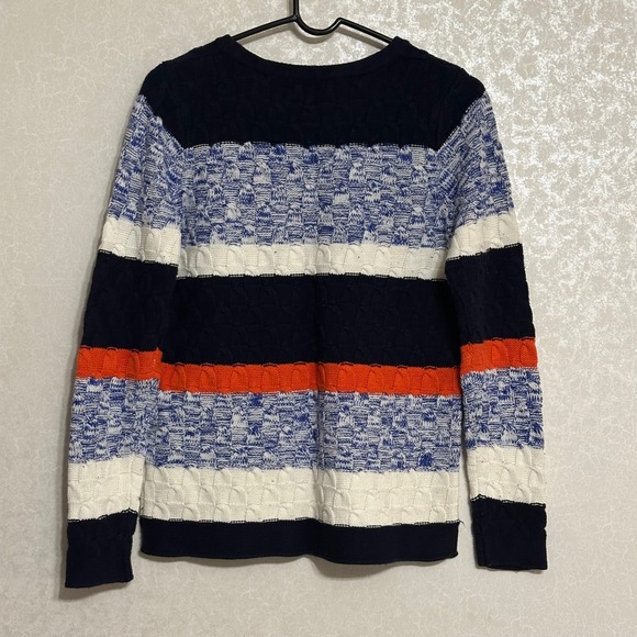 Old Navy Blue White Orange Striped Cable Knit Chunky Crewneck Pullover Sweater M - Picture 2 of 5